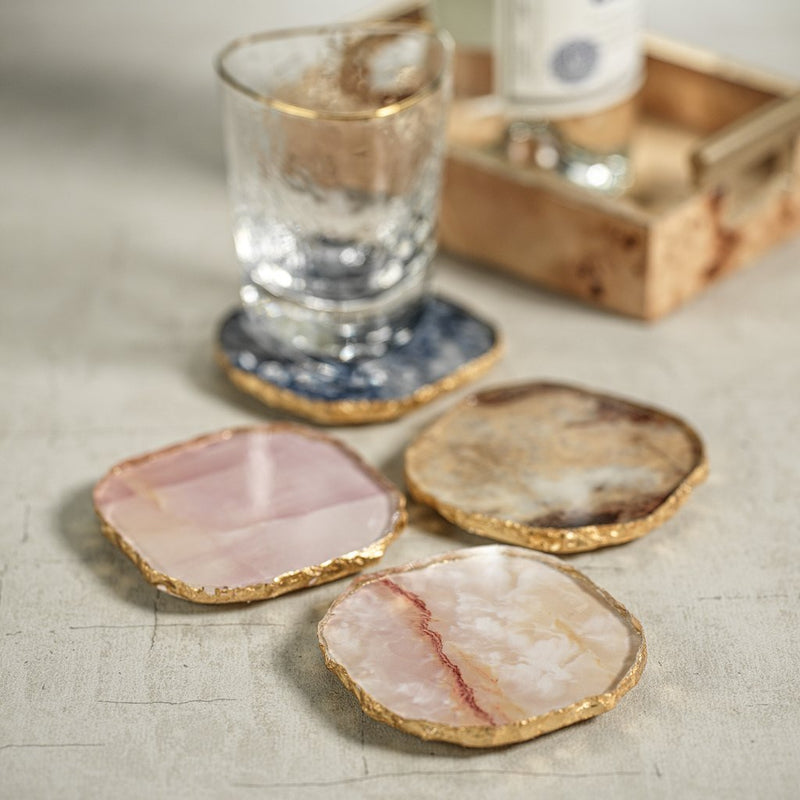 Agate Marble Glass Coaster w/ Gold Rim- Pink Tone