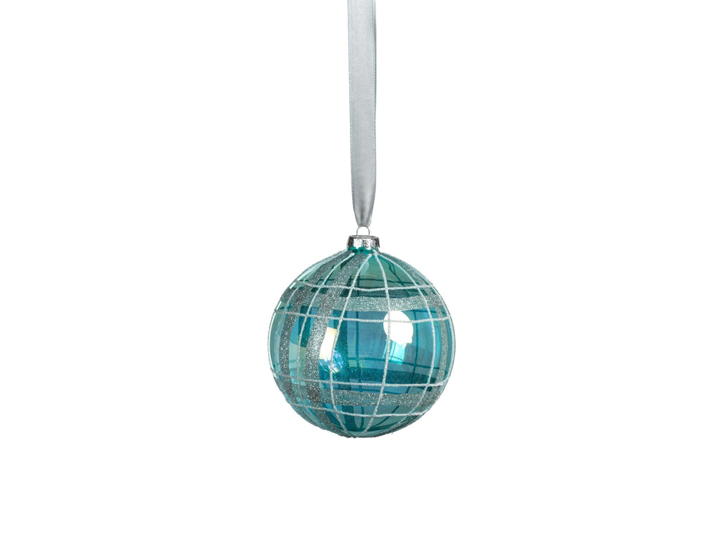 Blue Shimmer Plaid Glass Ball Ornaments - Set of 4