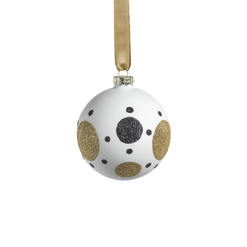 White Glass Ball Ornaments w/ Black w/ Gold Pattern - Set of 6