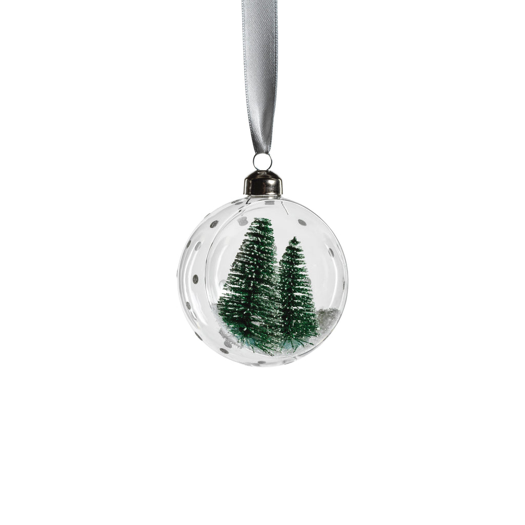 Clear Glass Ball Ornaments w/ Green Pine Trees - Set of 6