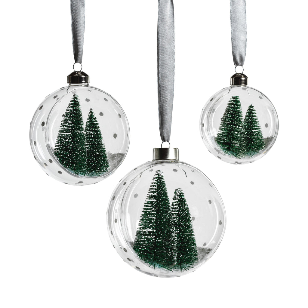 Clear Glass Ball Ornaments w/ Green Pine Trees - Set of 6