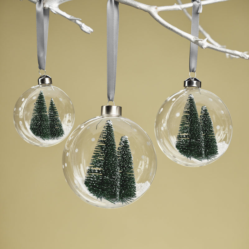 Clear Glass Ball Ornaments w/ Pine Trees - Set of 4