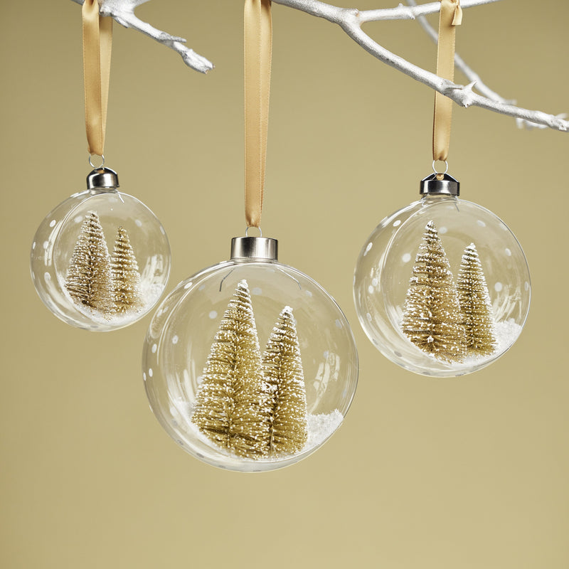 Clear Glass Ball Ornaments w/ Pine Trees - Set of 4