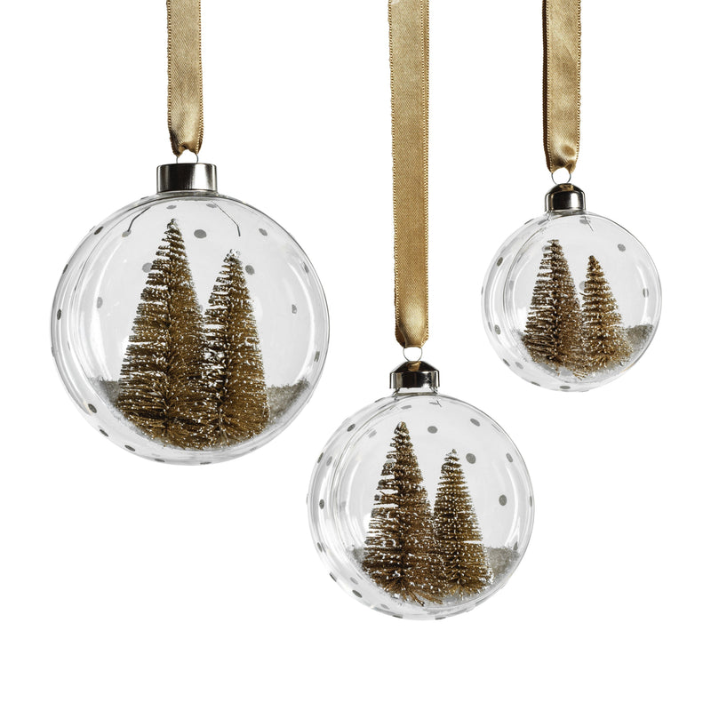 Clear Glass Ball Ornaments w/ Pine Trees - Set of 4