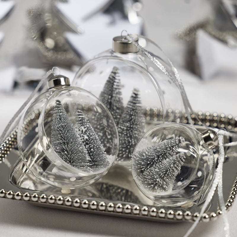 Clear Glass Ball Ornaments w/ Pine Trees - Set of 4