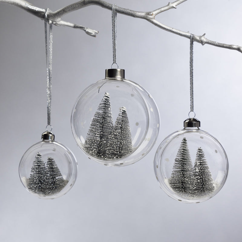 Clear Glass Ball Ornaments w/ Pine Trees - Set of 4