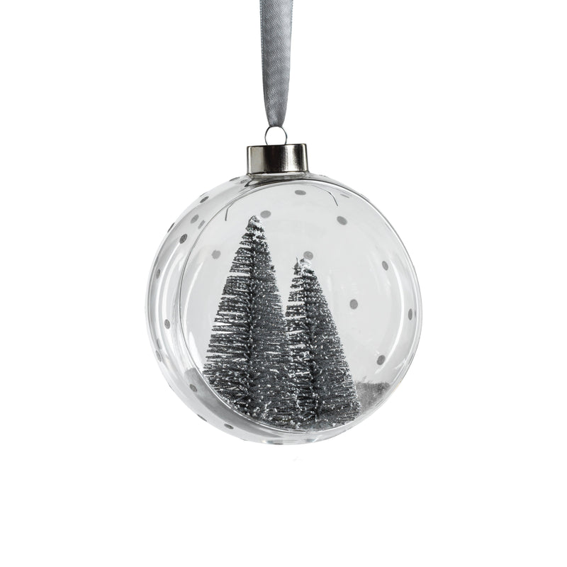 Clear Glass Ball Ornaments w/ Pine Trees - Set of 4