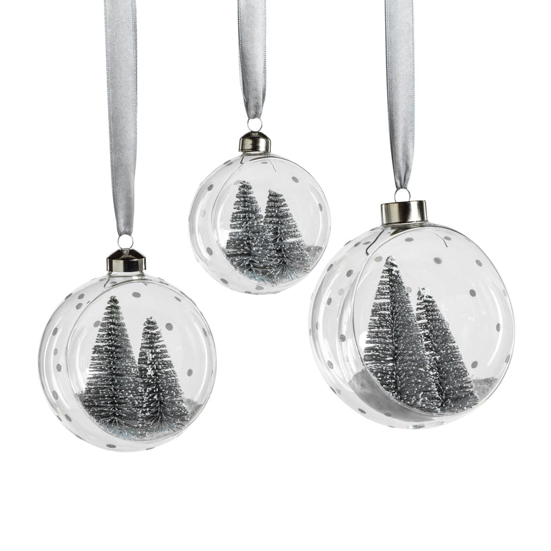 Clear Glass Ball Ornaments w/ Pine Trees - Set of 4