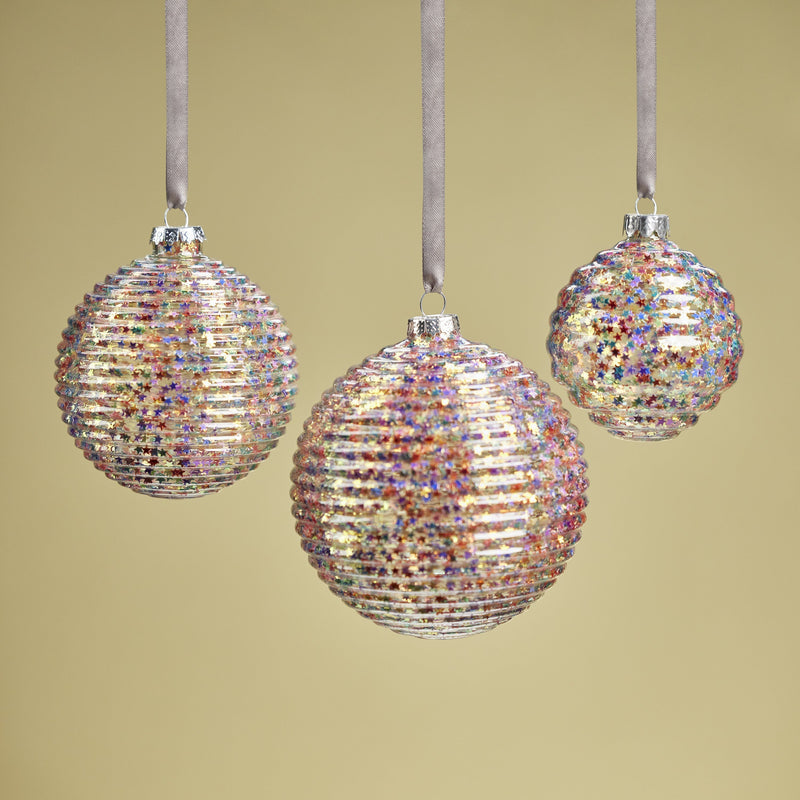 Multicolor Star Glitter Ribbed Glass Ornaments - Set of 6