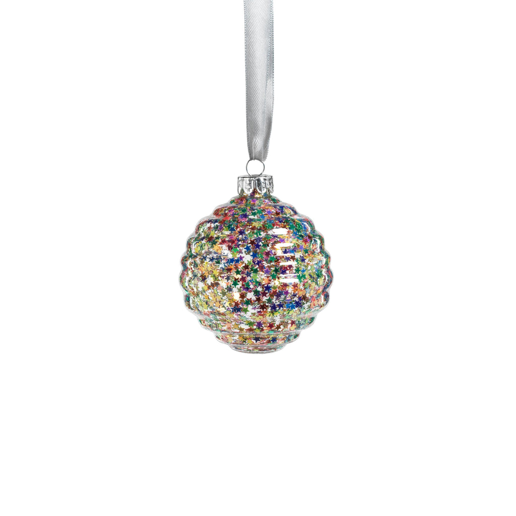 Multicolor Star Glitter Ribbed Glass Ornaments - Set of 6