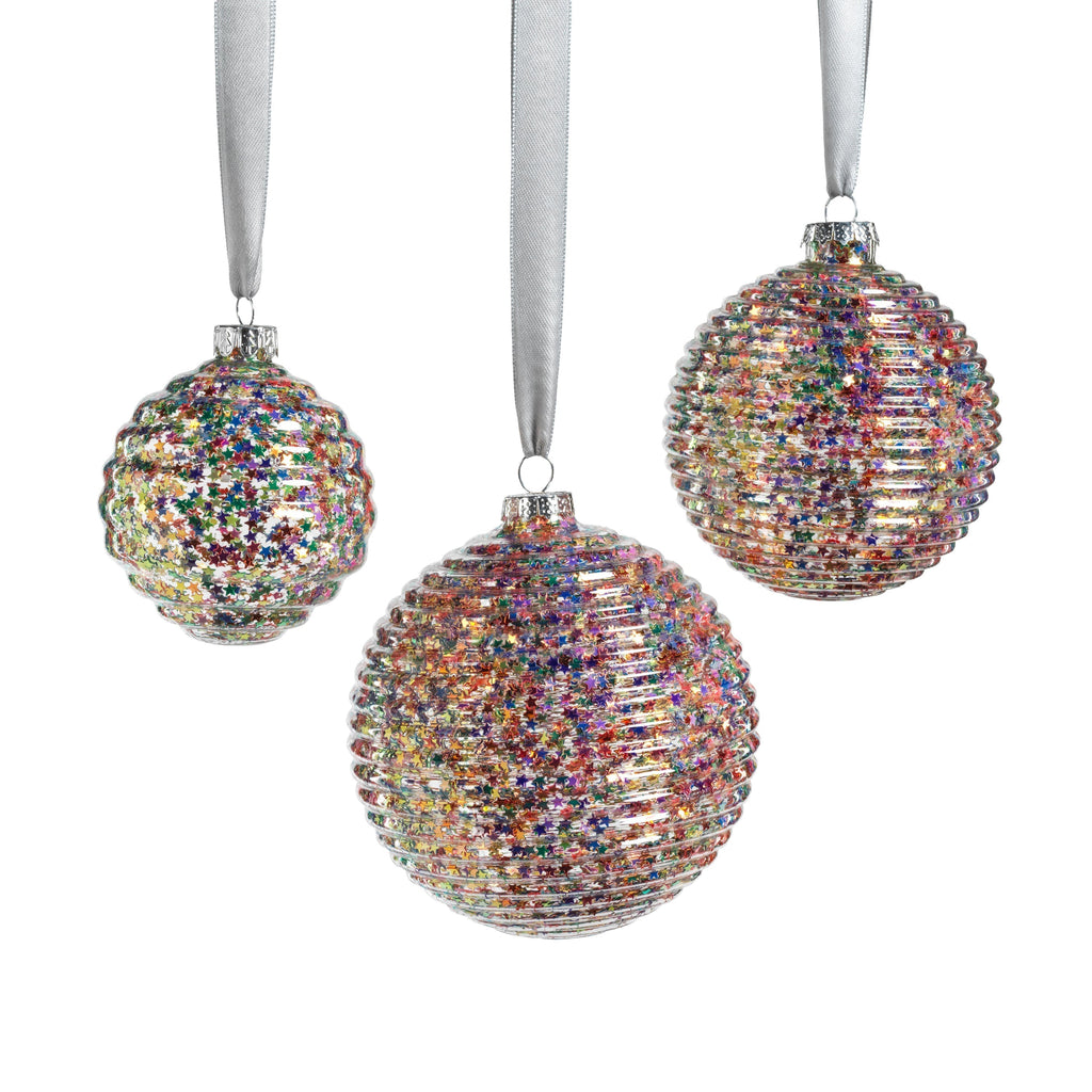 Multicolor Star Glitter Ribbed Glass Ornaments - Set of 6