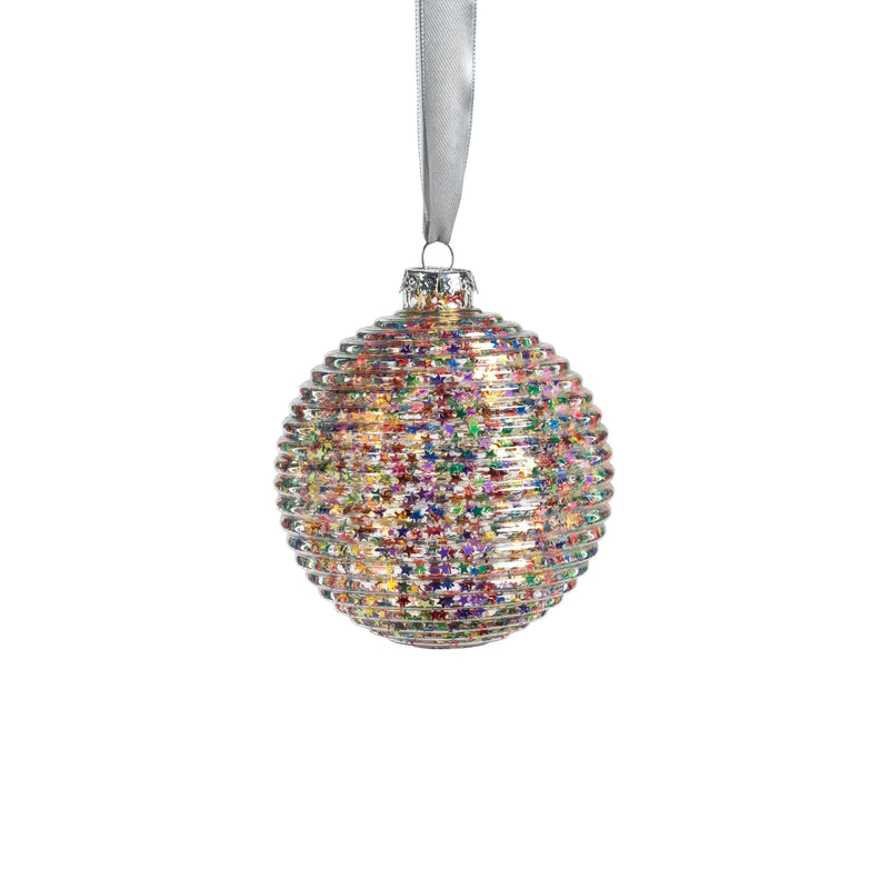 Multicolor Star Glitter Ribbed Glass Ornaments - Set of 6