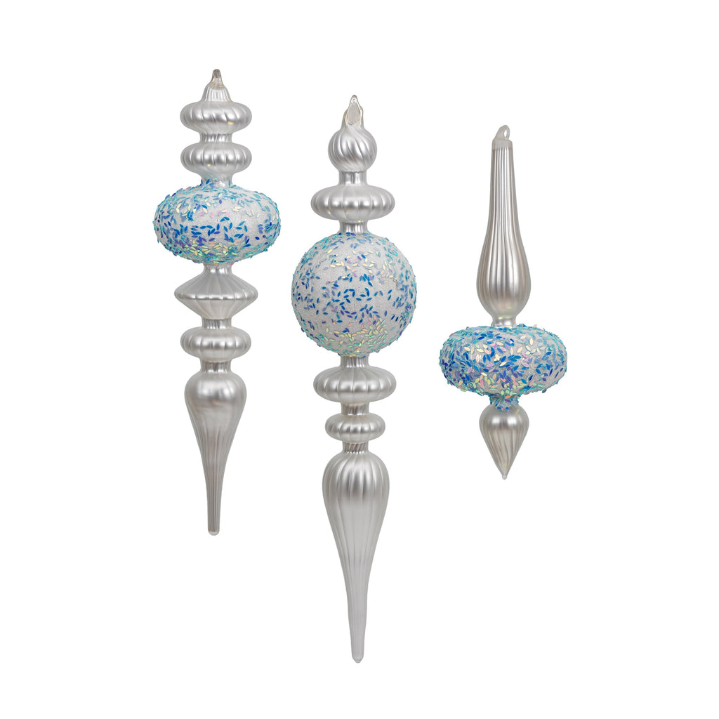 Finial Silver and Blue Glitter Glass Ornaments - Set of 8