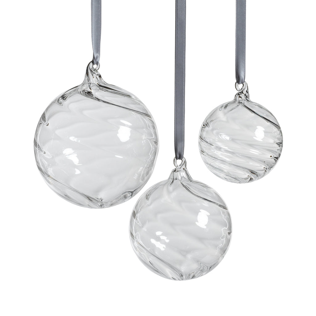 Clear Swirl Blown Glass Ball Ornaments - Set of 6