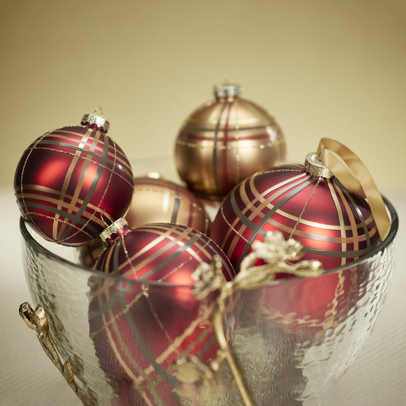 Plaid Metallic Glass Ball Ornaments - Set of 6