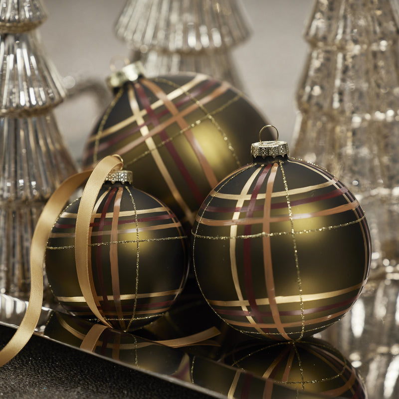 Plaid Metallic Glass Ball Ornaments - Set of 6