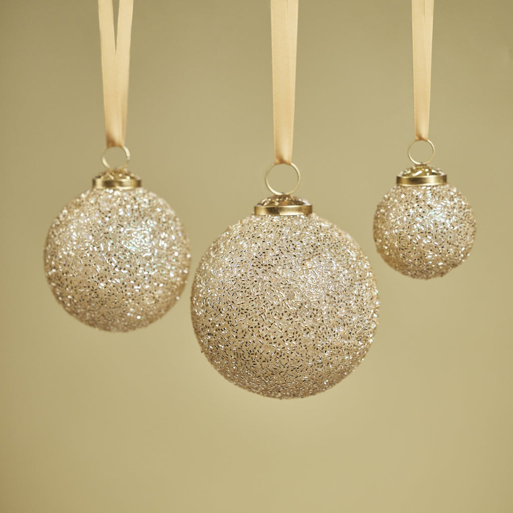 Gold Beaded Glass Ball Ornaments - Set of 6