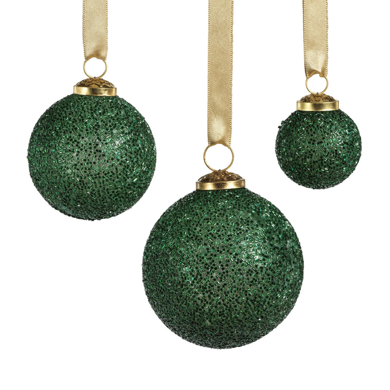 Green Beaded Glass Ball Ornaments - Set of 6