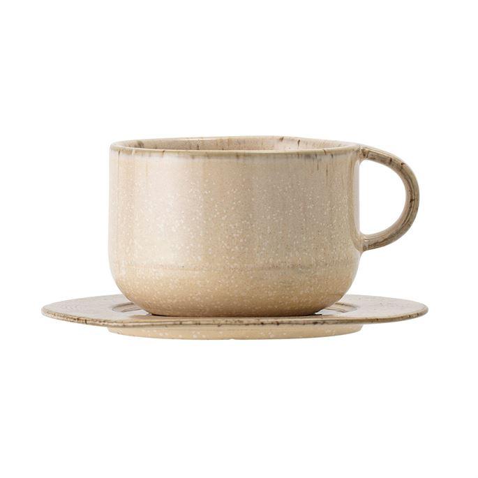 Beige Speckled Stoneware Cup With Saucer