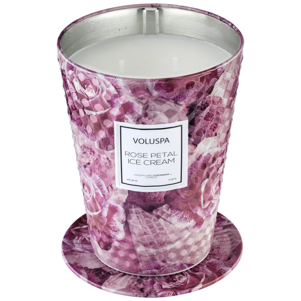 2 Wick Tin Table Candle in Rose Petal Ice Cream design by Voluspa