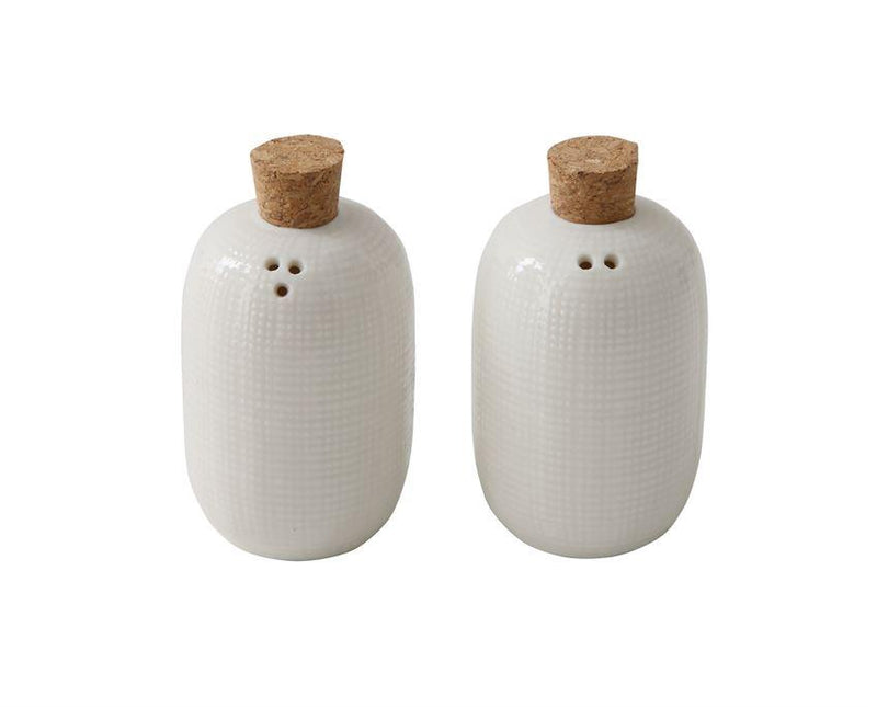 Embossed Ceramic Salt & Pepper Shakers w/ Cork Stoppers