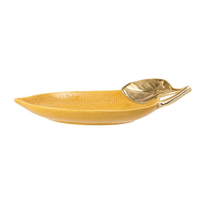 Stoneware Lemon Shaped Dish w/ Gold Electroplating in Yellow design by BD Edition