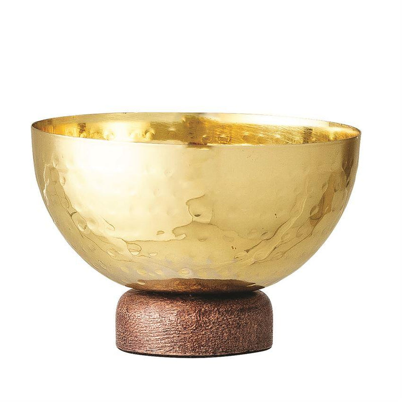 Hammered Brass Finish Stainless Steel Bowl with Mango Wood Base