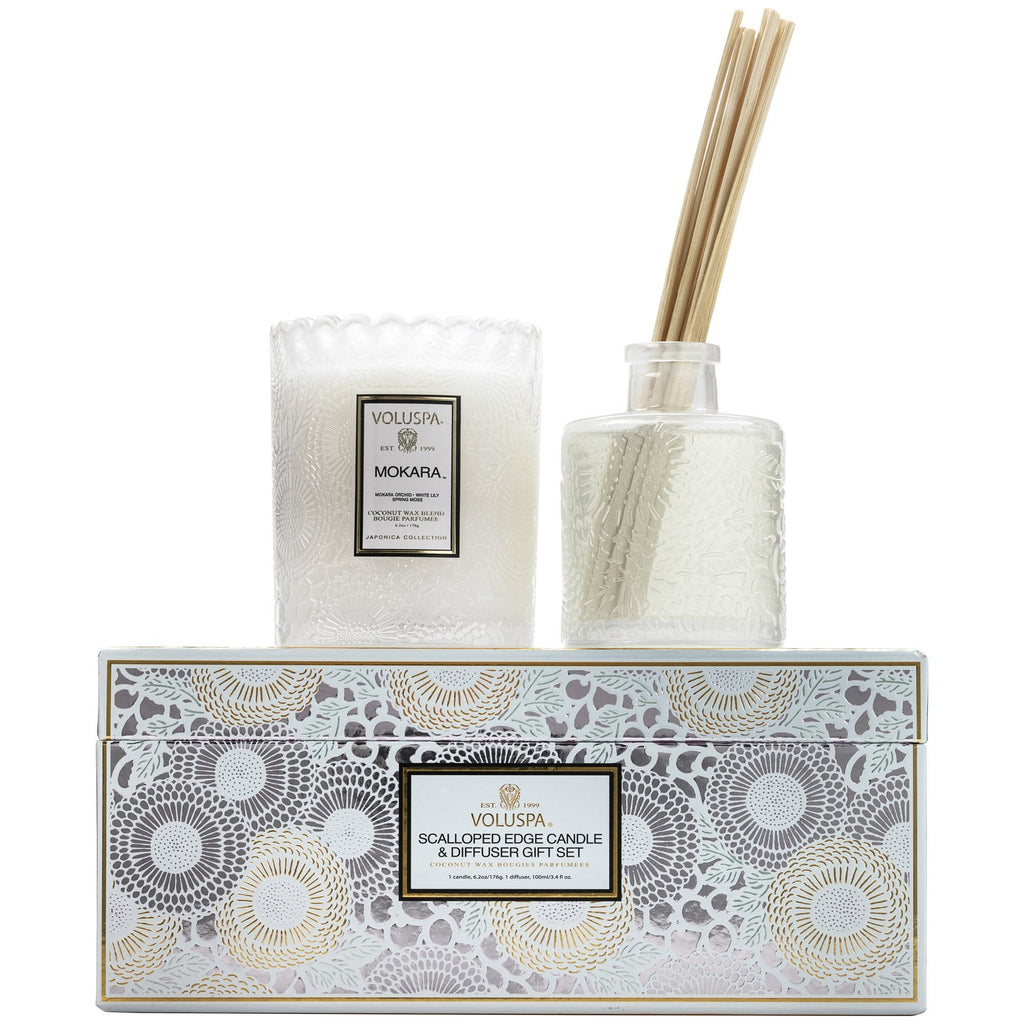 Scalloped Edge Candle & Diffuser Gift Set in Mokara design by Voluspa