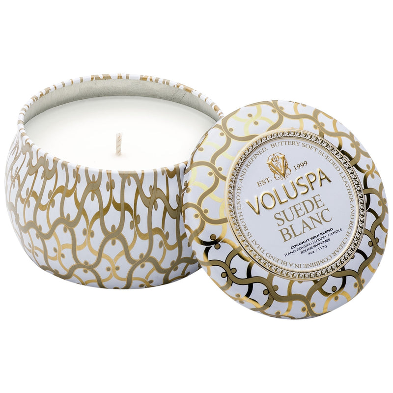 Petite Decorative Tin Candle in Suede Blanc design by Voluspa