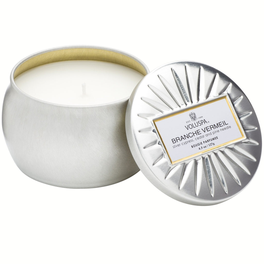 Petite Decorative Tin Candle in Branche Vermeil design by Voluspa