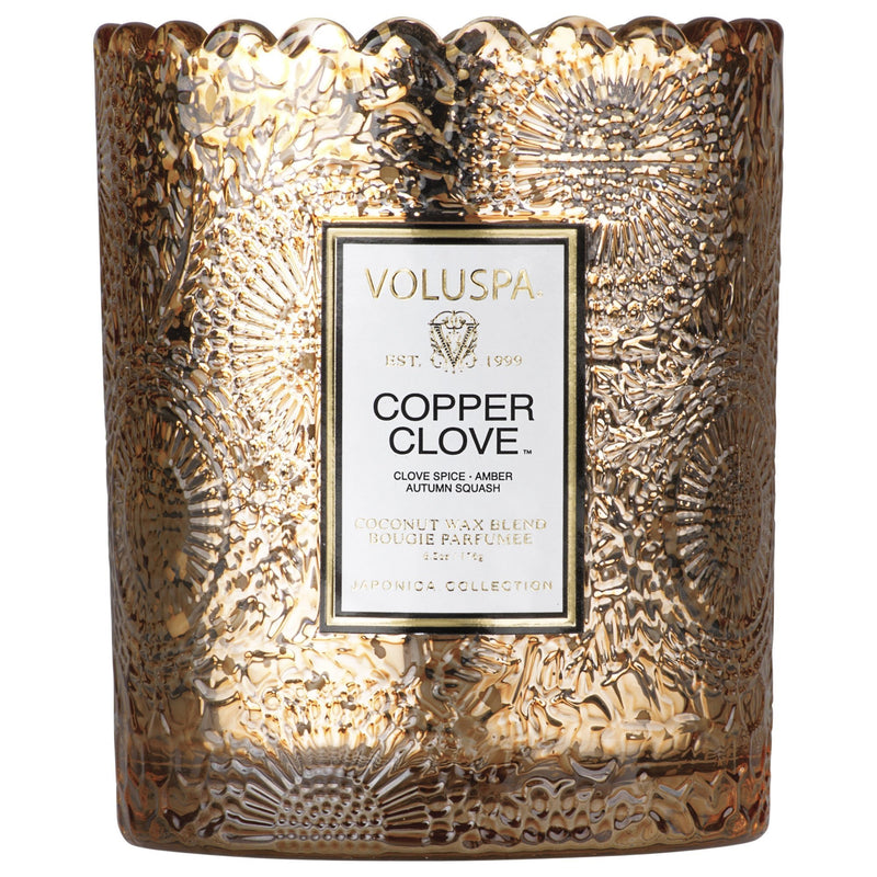 Scalloped Edge Embossed Glass Candle in Copper Clove design by Voluspa