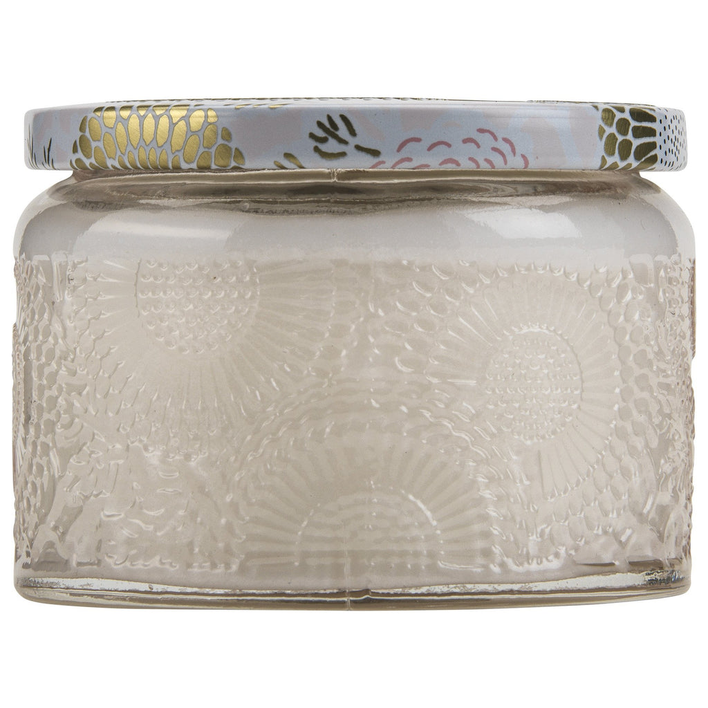 Petite Embossed Glass Jar Candle in Panjore Lychee design by Voluspa