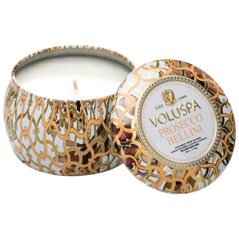 Petite Decorative Tin Candle in Prosecco Bellini design by Voluspa