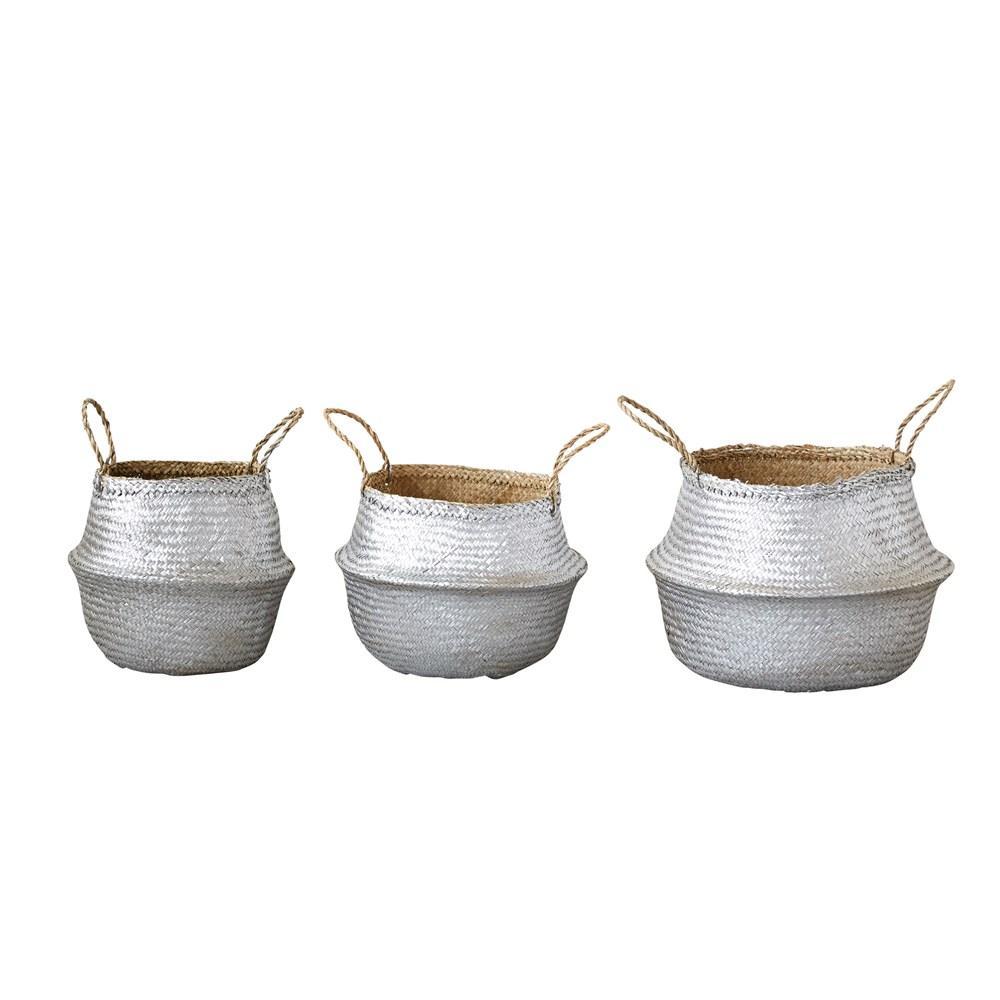 Silver Seagrass Collapsible Baskets - Set of 3