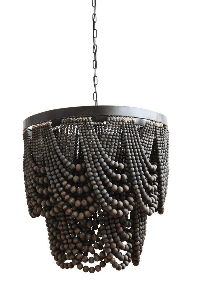 Metal & Wood Beads Chandelier w/ 3 Lights in Black