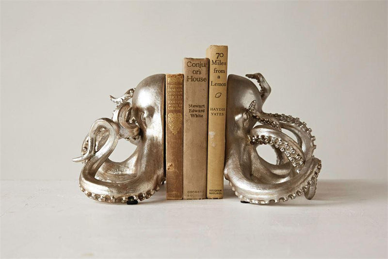 Set of 2 Octopus Bookends in Silver