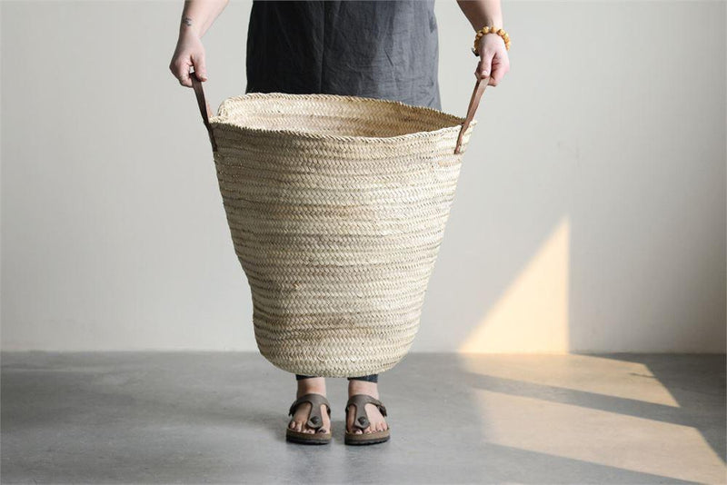 Hand-Woven Moroccan Oversized Basket w/ Leather Handle design by BD Edition