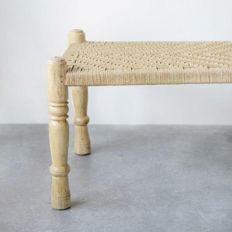 Mango Wood & Woven Rope Bench