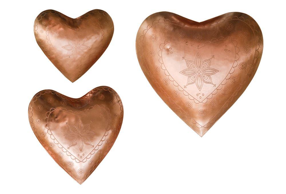 Set of 3 Decorative Embossed Metal Heart Dishes in Copper Finish design by BD Edition