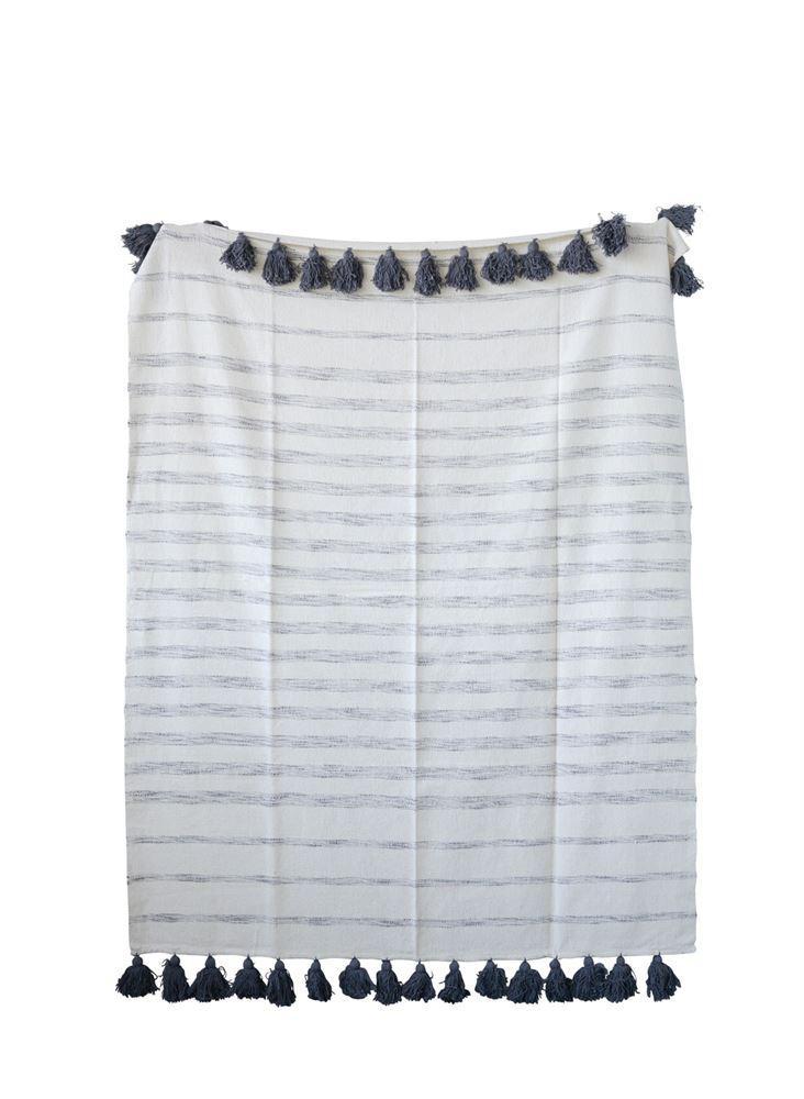 Cotton Woven Striped Throw w/ Tassels in White & Grey