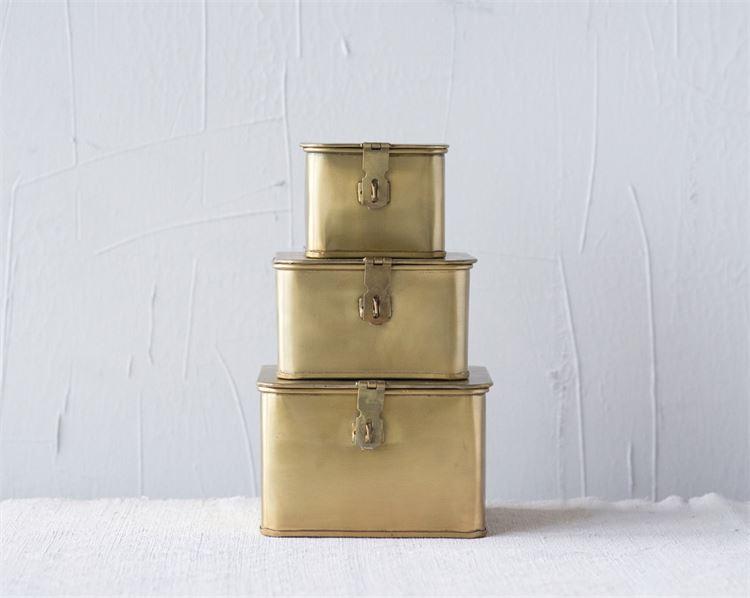 Set of 3 Square Decorative Metal Boxes in Brass Finish