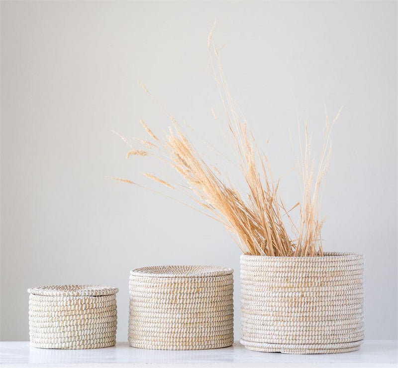 Set of 3 Natural Woven Seagrass Baskets with Lid