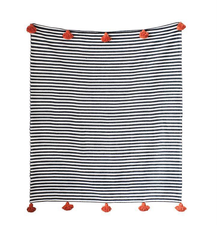 Hand-Loomed Cotton Striped Throw in Black with Orange Tassels