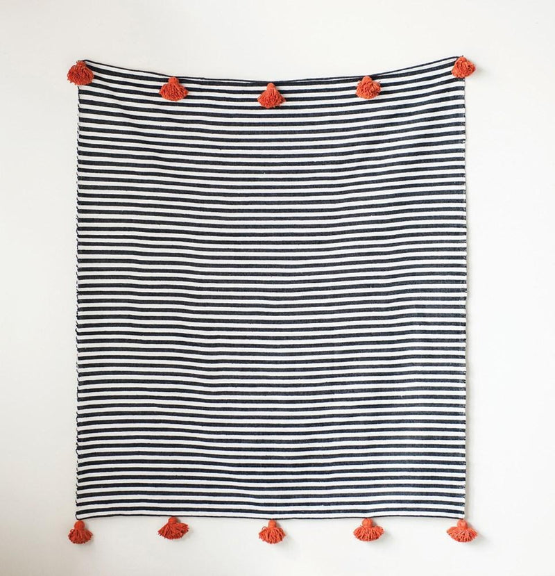 Black Striped Throw with Orange Tassels