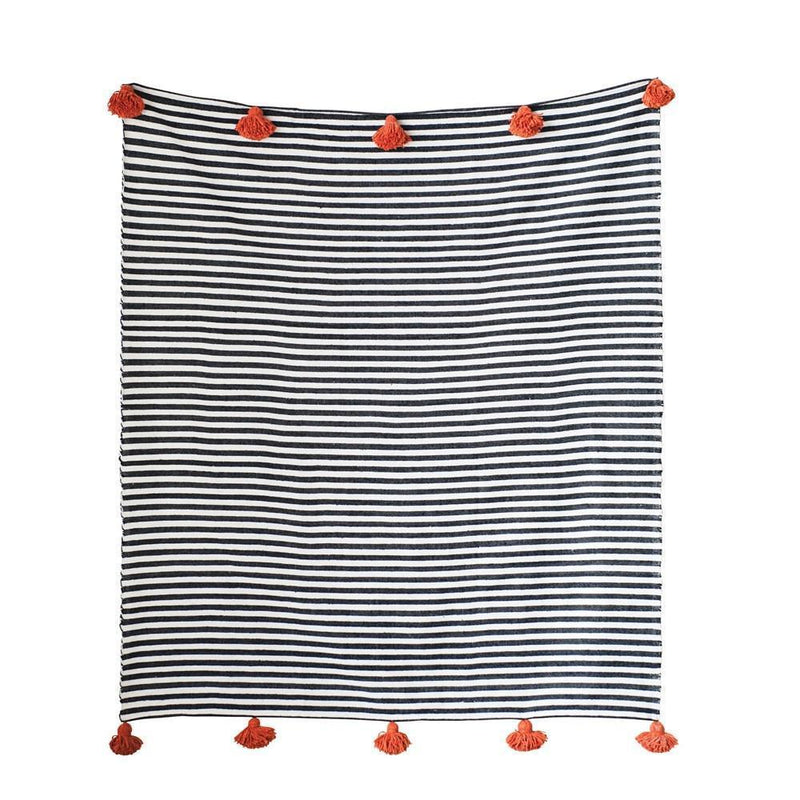 Black Striped Throw with Orange Tassels