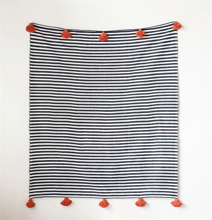 Hand-Loomed Cotton Striped Throw in Black with Orange Tassels