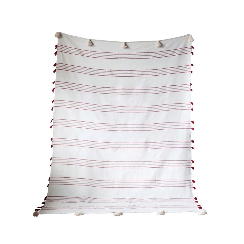 Red Striped Bed Cover with White Tassels