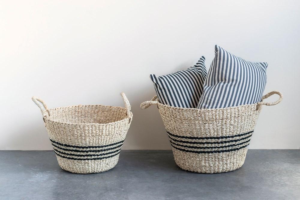 Black Striped Palm & Seagrass Baskets, Set of  2