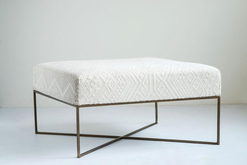 Damask Cream Ottoman with Antique Brass