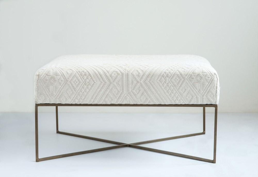 Damask Cream Ottoman with Antique Brass